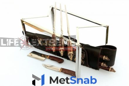 Подарочный набор шампуров кабан в кожаном чехле с ножом и тяпкой