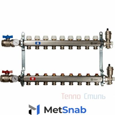 Коллектор Stout на 12 контуров 1"/3/4" SMS 0912 000012 из нержавеющей стали с запорными клапанами