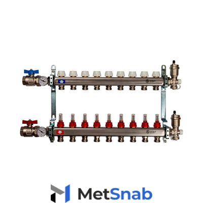 Коллектор Stout SMS 0907 000011 из нержавеющей стали, в сборе с расходомерами 1"x3/4" на 11 выходов