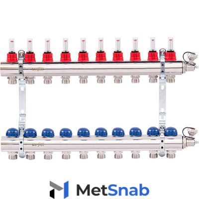 Коллектор Uni-Fitt 1"х3/4" 10 вых. из латуни с расходомерами и термостатическими вентилями
