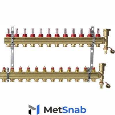 Комплект коллекторов Danfoss FHF-12F set с расходомерами кронштейнами и воздухоотводчиками 12 контуров