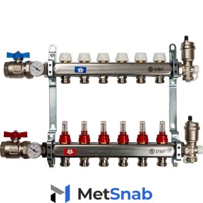 Коллектор Stout SMS 0907 из нержавеющей стали в сборе с расходомерами 6 вых.