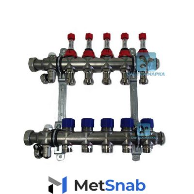 Коллекторная группа Elsen 1" 5 отводов с вентилями и расходомерами