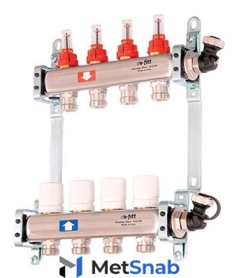 Коллектор Uni-Fitt 1"х3/4" 10 вых. нерж. сталь с расходомерами и термо вентилями