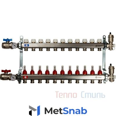 Коллектор Stout на 10 контуров 1"/3/4" SMS 0907 000010 из нержавеющей стали с расходомерами