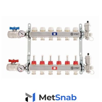 Коллекторная группа в сборе STOUT - 1" на 7 контуров 3/4" (нерж.сталь, с расходомерами) SMS 0907 000007