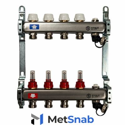 Коллектор из н/ж стали с расходомерами, с клапаном вып. воздуха и сливом на 7 выходов Stout