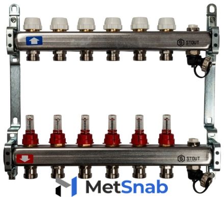 Коллектор из нержавеющей стали STOUT SMS-0927-000006 с расходомерами, с клапаном вып. воздуха и сливом 6 вых.