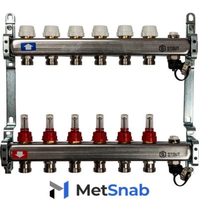 Коллектор из нержавеющей стали Stout SMS 0927 с расходомерами, с клапаном вып. воздуха и сливом 6 вых.