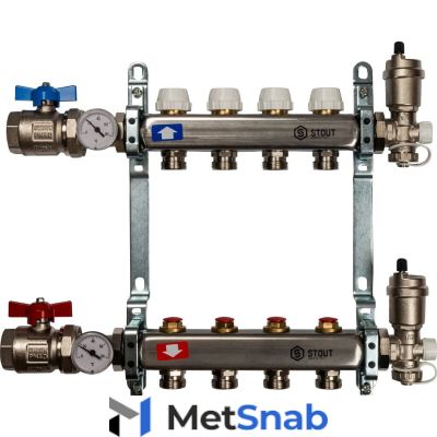 Коллектор в сборе STOUT без расходомеров 1" 3/4M 4 отвода