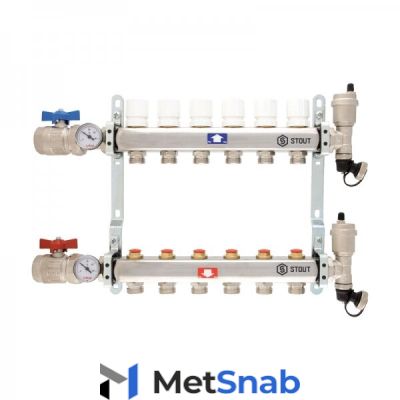 Коллектор для отопления без расходомеров Stout 1" x 3/4" евроконус /6 в сборе, арт.SMS 0912 000006 Коллектор для отопления без расходомеров Stout 1" x 3/4" евроконус /6 в сборе, арт.SMS 0912 000006