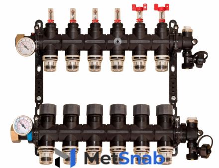 Коллекторная группа PAD/GF 1"х3/4" с расходомерами воздухоотводчиками и дренажем на 14 выхода FV-Plast THERM AA906002004