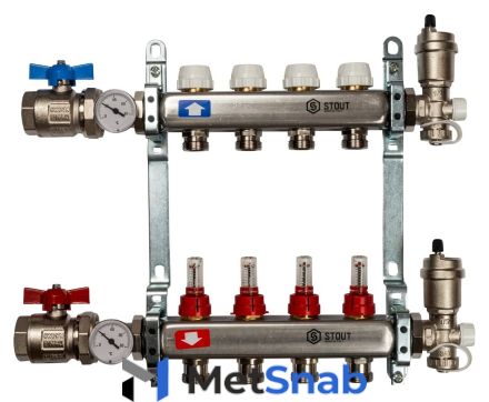 Коллектор STOUT из нержавеющей стали с расходомерами в сборе 4 выхода SMS 0907 000004