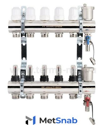 Коллекторные группы Коллекторная группа PROFACTOR PF MB 802.10 1" ВР, 10 отводов 3/4", расходомер, воздухоотводчик, сливной кран