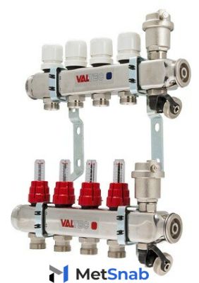 Коллекторная группа со встроенными расходомерами,нержавеющая сталь 1" x евроконус 3/4" Valtec (8 выходов)