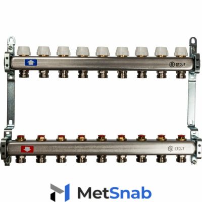 Распределительный коллектор из нерж. стали STOUT 1" х 3/4" х 9 выходов без расходомеров