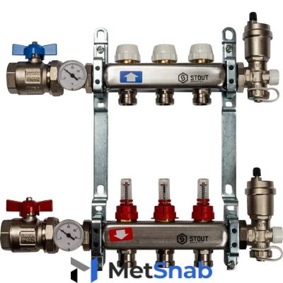 Коллектор Stout SMS 0907 из нержавеющей стали в сборе с расходомерами 3 вых.